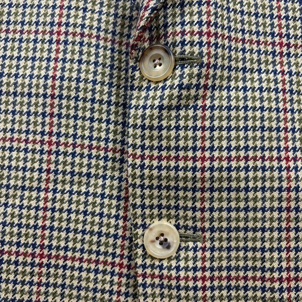 Vintage Paul Stuart Sport Coat Mens 42L Tan Plaid Houndstooth Lambswool Cashmere